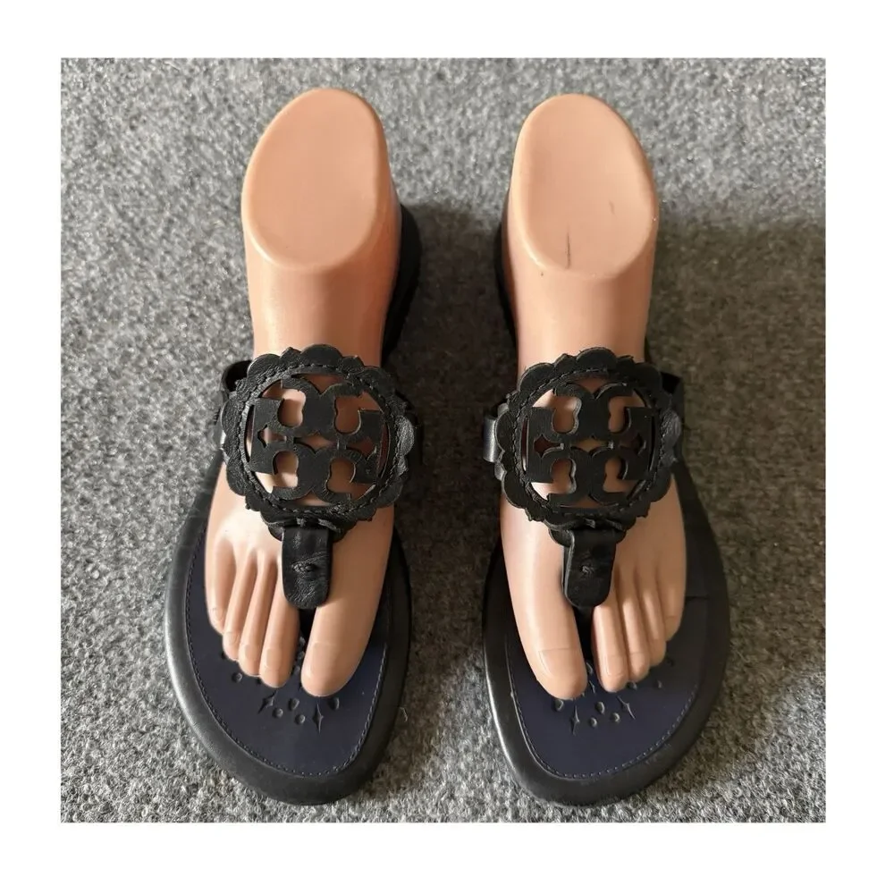Tory Burch Miller Scalloped Blue Black Thong Sandals Slip-On Flat Cut-Out 10 M
